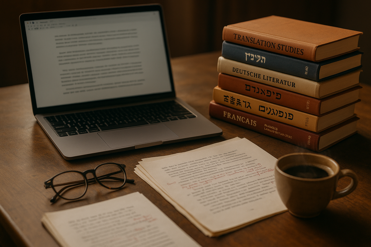A stylish photo of a writer/translator's desk — an open laptop, a stack of books in different languages, a manuscript with notes, glasses, and a cup of coffee. It creates an atmosphere of creative and painstaking work.